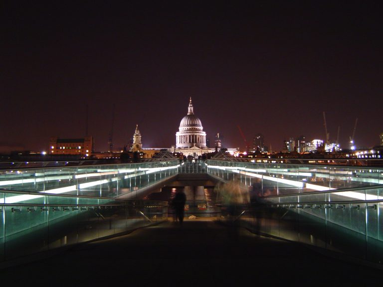 St Pauls and Millennium Bridge at night 1 768x576